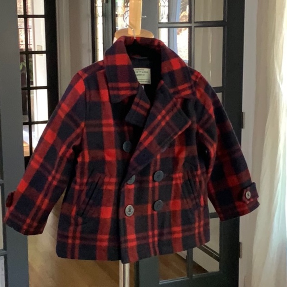 2T Janie and Jack Wool Peacoat EUC Red and Dark Navy Lined with Anchor Buttons